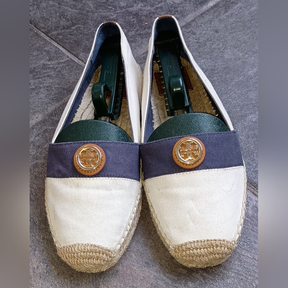 Tory Burch Canvas Espadrilles 9M Cream Navy Gold